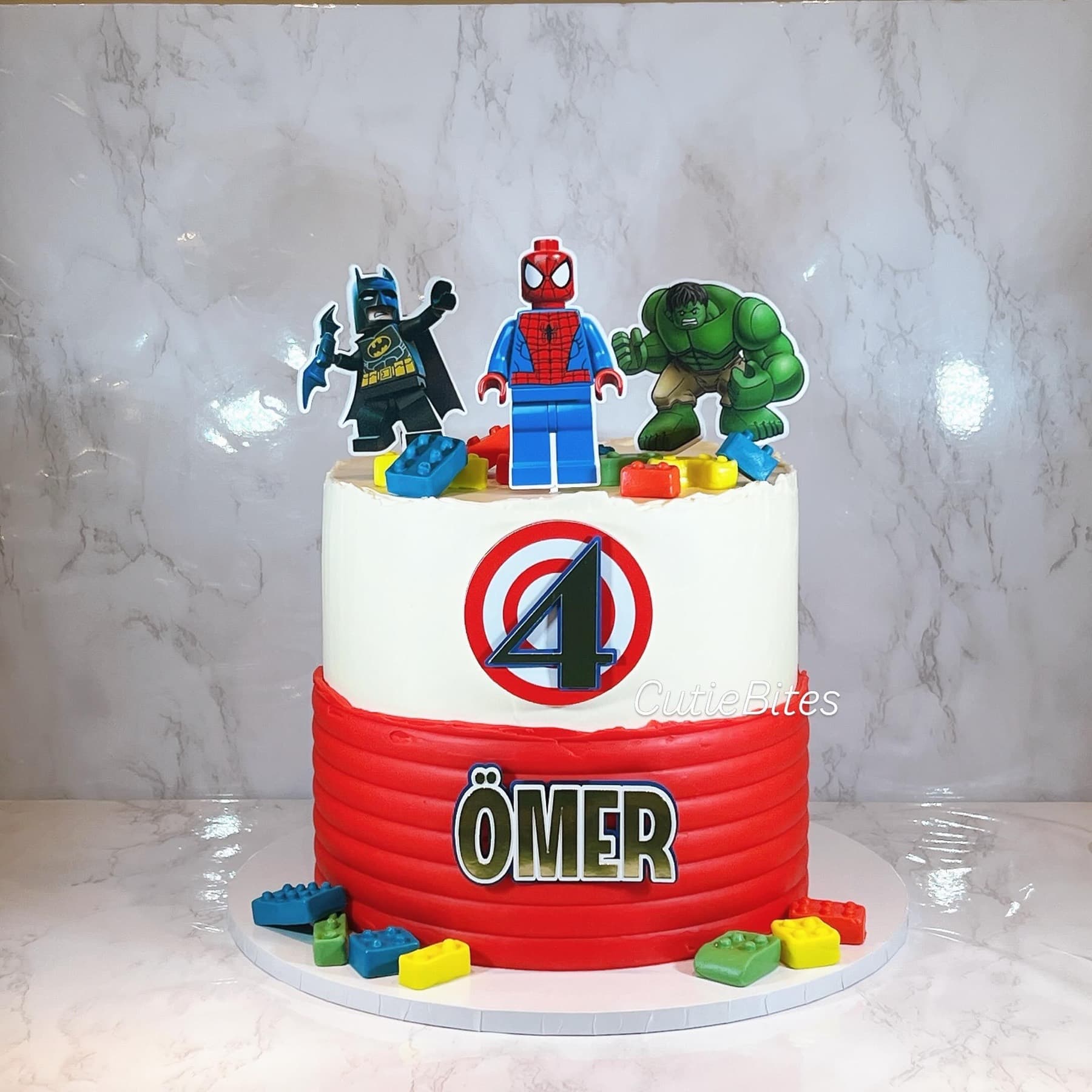 Lego superhero birthday cake with Batman, Spider-Man and Hulk — Cutie Bites, Orpington