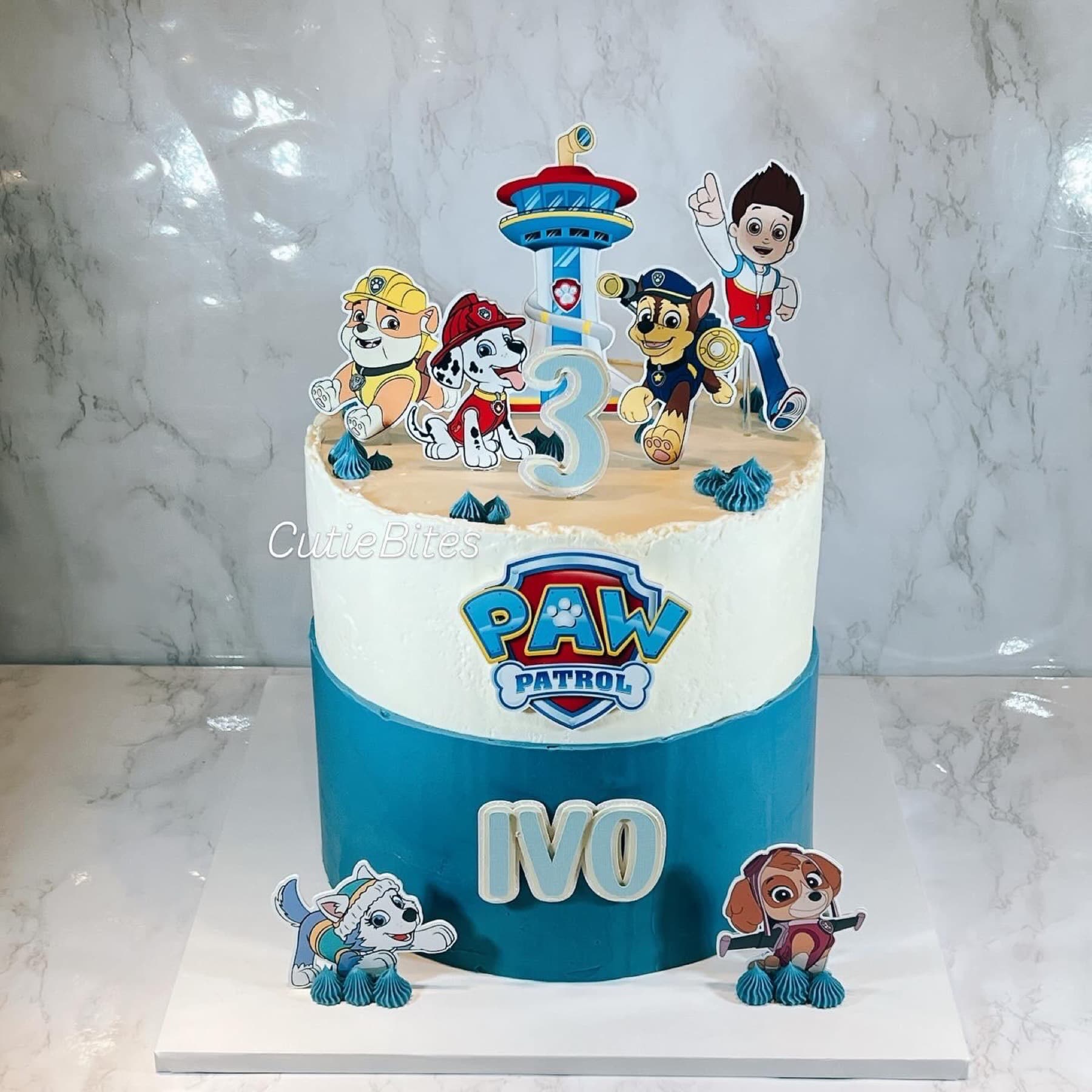 Teal and white Paw Patrol lookout birthday cake with Ryder and pups — Cutie Bites, Orpington