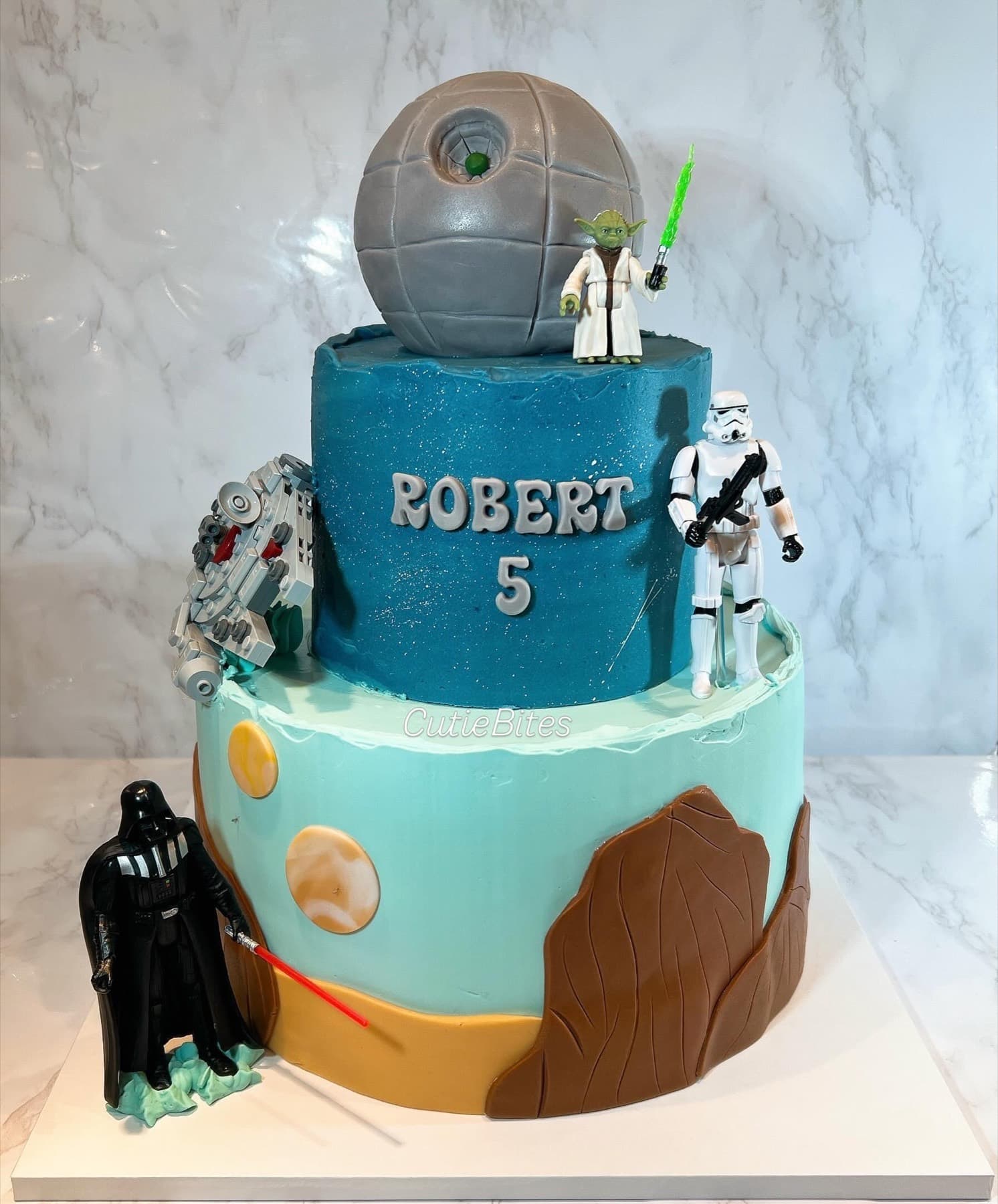 Two-tier Star Wars birthday cake with Death Star, Yoda and Darth Vader — Cutie Bites, Orpington