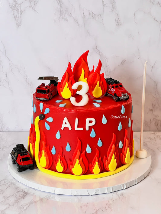 Firefighter Firetruck Birthday Cake – Flames & Water Theme