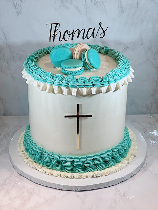 Blue Macaron Christening Cake